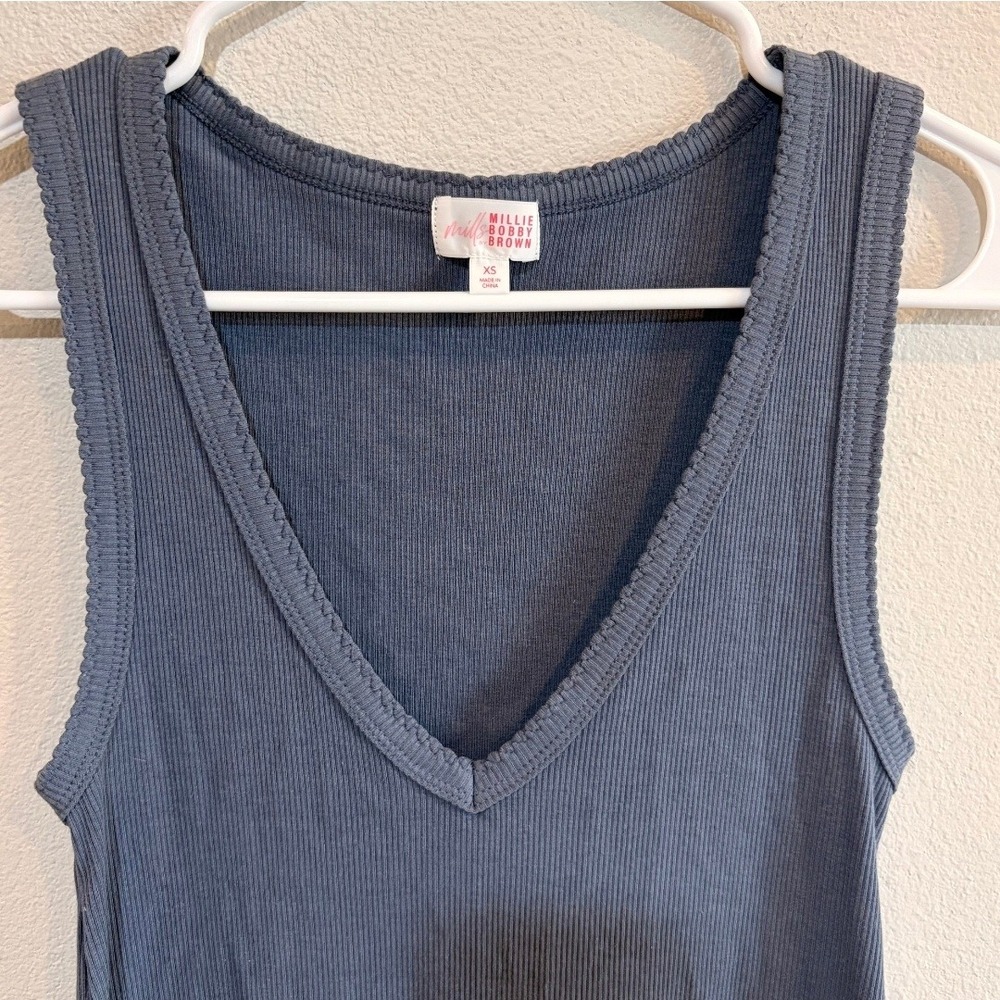 Mills by Millie Bobby Brown Ribbed V-Neck Tank Dress XS Blue Mini Sleeveless - Picture 3 of 5